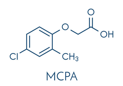 MCPA (2-methyl-4-chlorophenoxyacetic acid) herbicide molecule. Skeletal formula.
