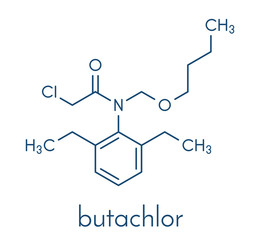 Butachlor herbicide molecule. Skeletal formula.