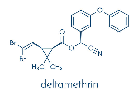 Deltamethrin insecticide molecule (synthetic pyrethroid). Skeletal formula.