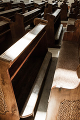 Pews in rows in a church