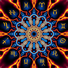 Magic circle with zodiacs sign on abstract mystic background.