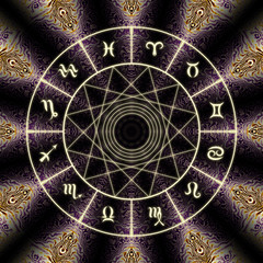 Magic circle with zodiacs sign on abstract mystic background.