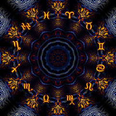 Magic circle with zodiacs sign on abstract mystic background.