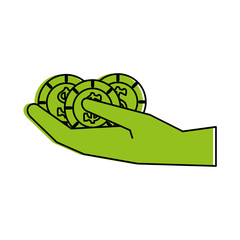 Green monocromatic hand and coins design over white background vector illustration