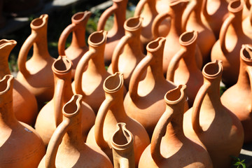 Traditional Georgian clay jugs for sale in the village