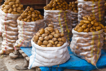 Harvest raw potatoes in burlap sack in market
