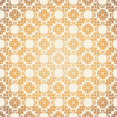 Vector seamless pattern with line art ornament and golden gradient . Retro background for design in vintage style. Ornamental lace. Ornate floral decor for wallpaper. Endless texture. 
