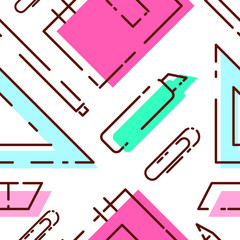 Bright pattern of stationery. Seamless pattern with notebook, ruler, stationery knife, eraser.