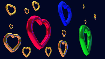 3D-Rendering von zahlreichen schwebenden, glänzenden Herzskulpturen