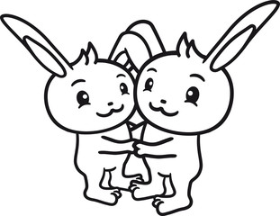 Obraz na płótnie Canvas 2 freunde umarmen begrüßen hände paar brüder pärchen liebe stehend seitlich kaninchen hase klein süß niedlich glücklich
