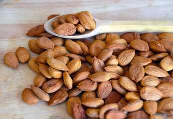 Apricot kernel on a wooden spoon