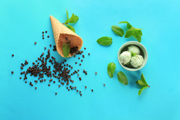 Composition with mint chocolate chip ice cream on color background