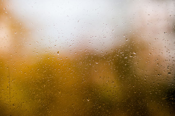 Drops Of Rain On orange green Glass Background.