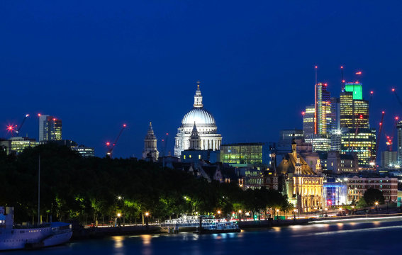 The view of the dome of Saint Paul's Cathedral at night, City of London.