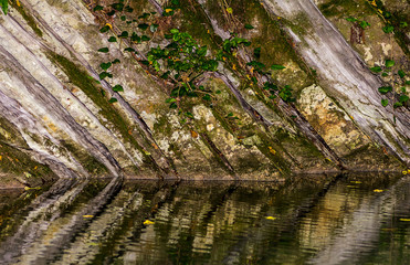 Monolithic wall of rock covered with moss and ivy reflected in the water of the lake river