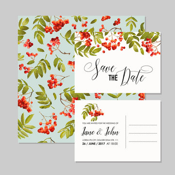 Wedding Invitation Template. Floral Save the Date Cards with Rowan Berry. Decoration Background for Marriage Party Celebration. Vector illustration