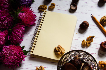 White wooden background with asters and notebook back to school