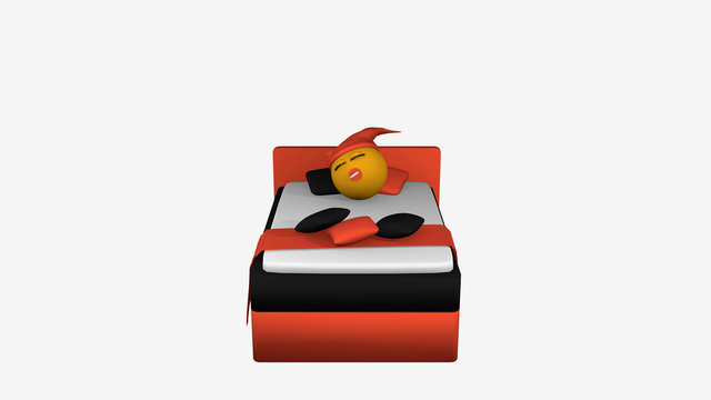 Emoticon mit Schlafmütze und Schnuller schläft im orange-schwarzem Boxspringbett