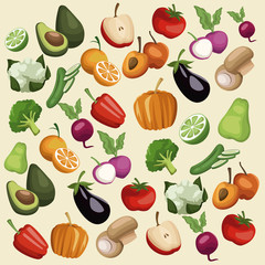 color background with pattern vegetables and fruits healthy food set vector illustration