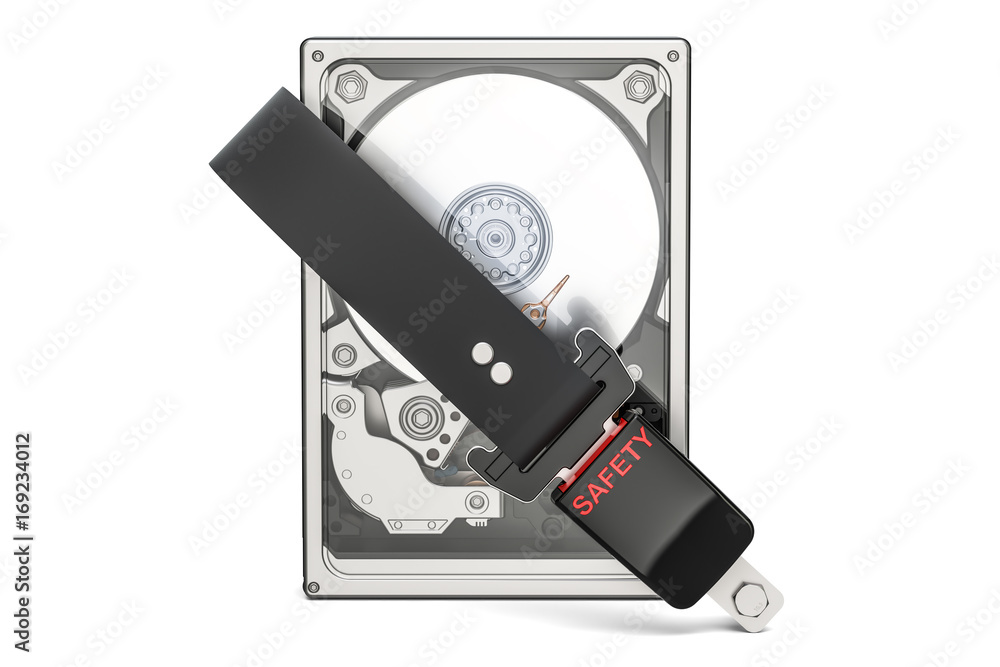 Poster hard disk drive hdd with seatbelt. security and protection concept, 3d rendering