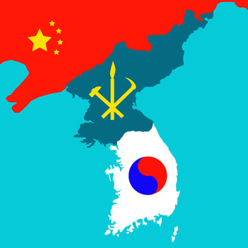Map of the Korean Peninsula, with the South and the North Korea symbols. Vector