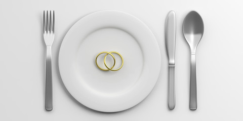 Place Setting and wedding rings on white background. 3d illustration