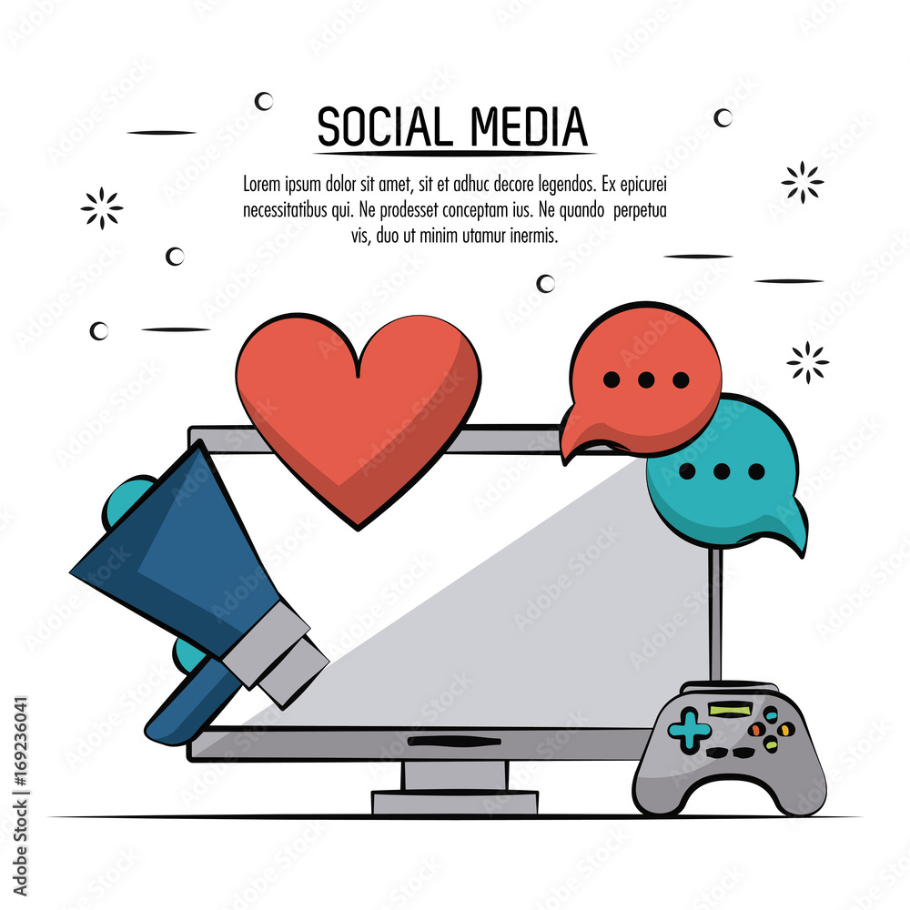 Poster colorful poster of social media with desktop computer and icons megaphone and heart and speech bubbl