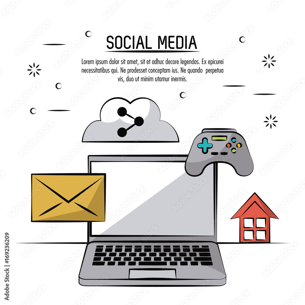Poster colorful poster of social media with icons mail and cloud link and game controller and home with lap