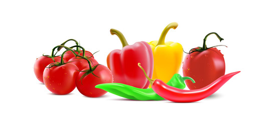 Different vegetables, Chilly peper and tomato icons. Vector vegetable banner.