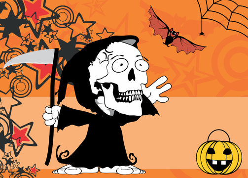 funny little chubby grim skull skeleton cartoon halloween background in vector format