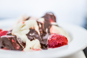 Soft serve vanilla ice cream with red strawberry sauce and drizzled chocolate syrup closeup in bowl side view
