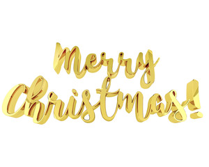 Merry Christmas golden sign on white background, design element for banners, flyers. 3D illustration of Merry Christmas in gold.