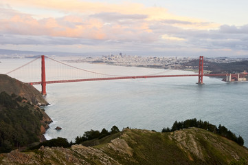The Golden Gate bridge, as seen from the Marin Headlands, at sunset
