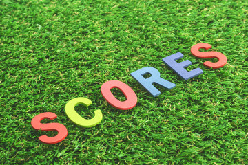 Colorful Wooden Alphabet Word Scores on green grass background