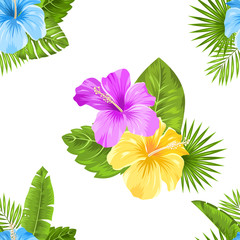 Seamless Floral Pattern with Hibiscus Flowers and exotic Plants. Fashion Textile