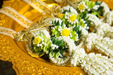 Wedding Ceremony Thailand ,Thai flower garland on a pedestal tray,auspicious ceremony