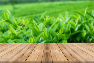 Empty light wood table top with tea fied background. Leave space for placement you background - can be used for display or montage or mock up your products.