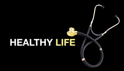 Stethoscope isolated on black with headline.
