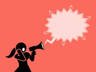 A woman shouting through a megaphone or loudspeaker. The girl is announcing an important announcement  and requires attention from the public.