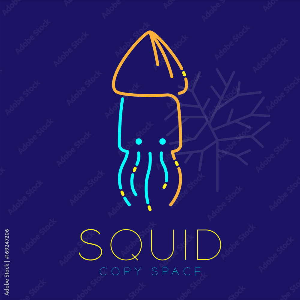 Poster squid and coral logo icon outline stroke set dash line design illustration blue and yellow color iso