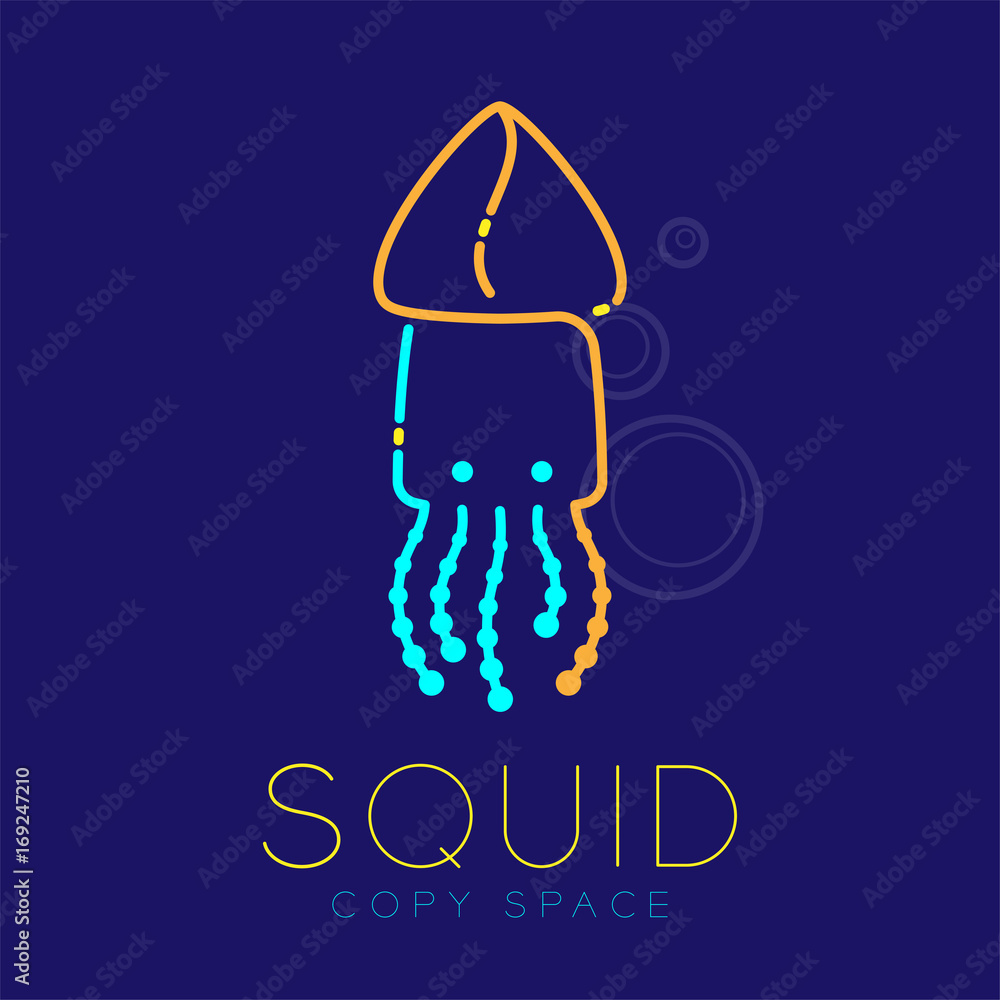 Poster squid and air bubble logo icon outline stroke set dash line design illustration blue and yellow colo