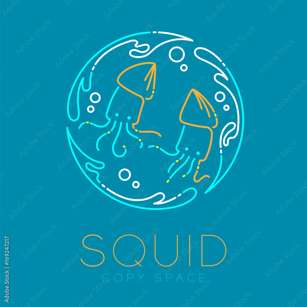 Poster two squid, water splash circle and air bubble logo icon outline stroke set dash line design illustra