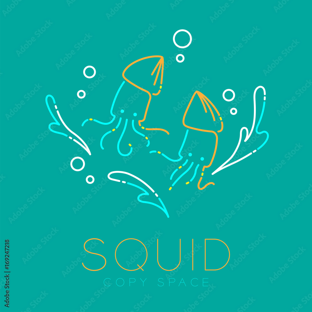 Poster two squid, water splash and air bubble logo icon outline stroke set dash line design illustration is