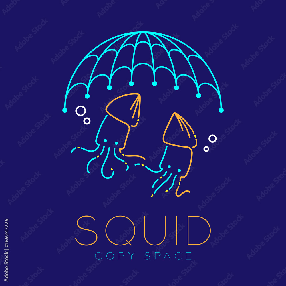 Poster squid, fishing net and air bubble logo icon outline stroke set dash line design illustration isolate
