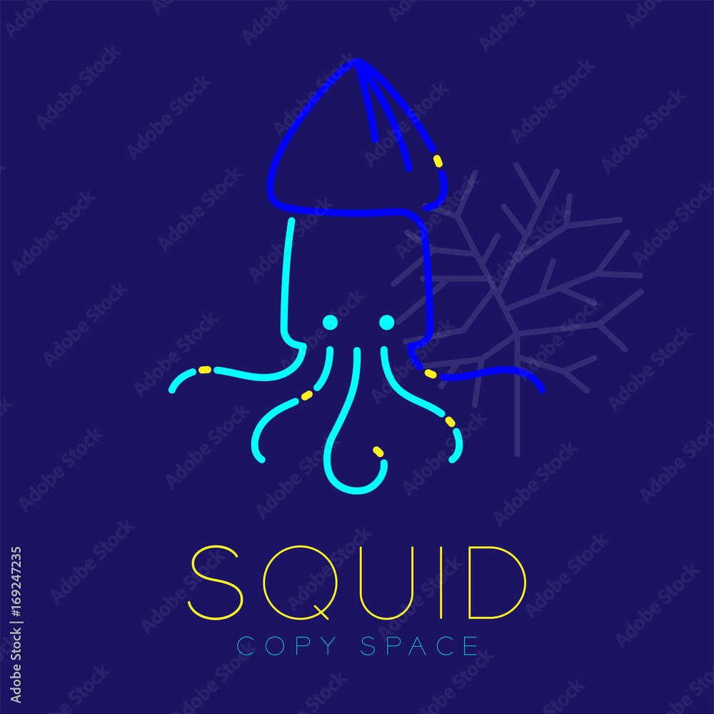 Poster squid and coral logo icon outline stroke set dash line design illustration blue and yellow color iso