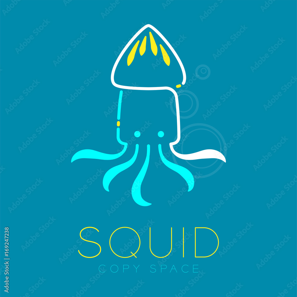 Poster squid and air bubble logo icon outline stroke set dash line design illustration blue white and yello