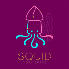 Squid and Seaweed logo icon outline stroke set dash line design illustration blue pink and yellow color isolated on purple background with Squid text and copy space, vector eps10