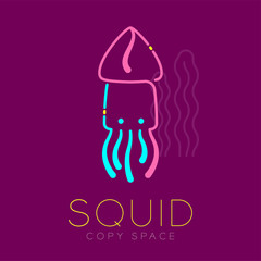 Squid and Seaweed logo icon outline stroke set dash line design illustration blue pink and yellow color isolated on purple background with Squid text and copy space, vector eps10