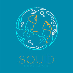 Two Squid, Water splash circle and Air bubble logo icon outline stroke set dash line design illustration isolated on blue background with Squid text and copy space