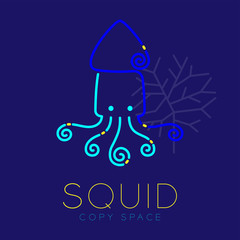 Squid and Coral logo icon outline stroke set dash line design illustration blue and yellow color isolated on dark blue background with Squid text and copy space, vector eps10